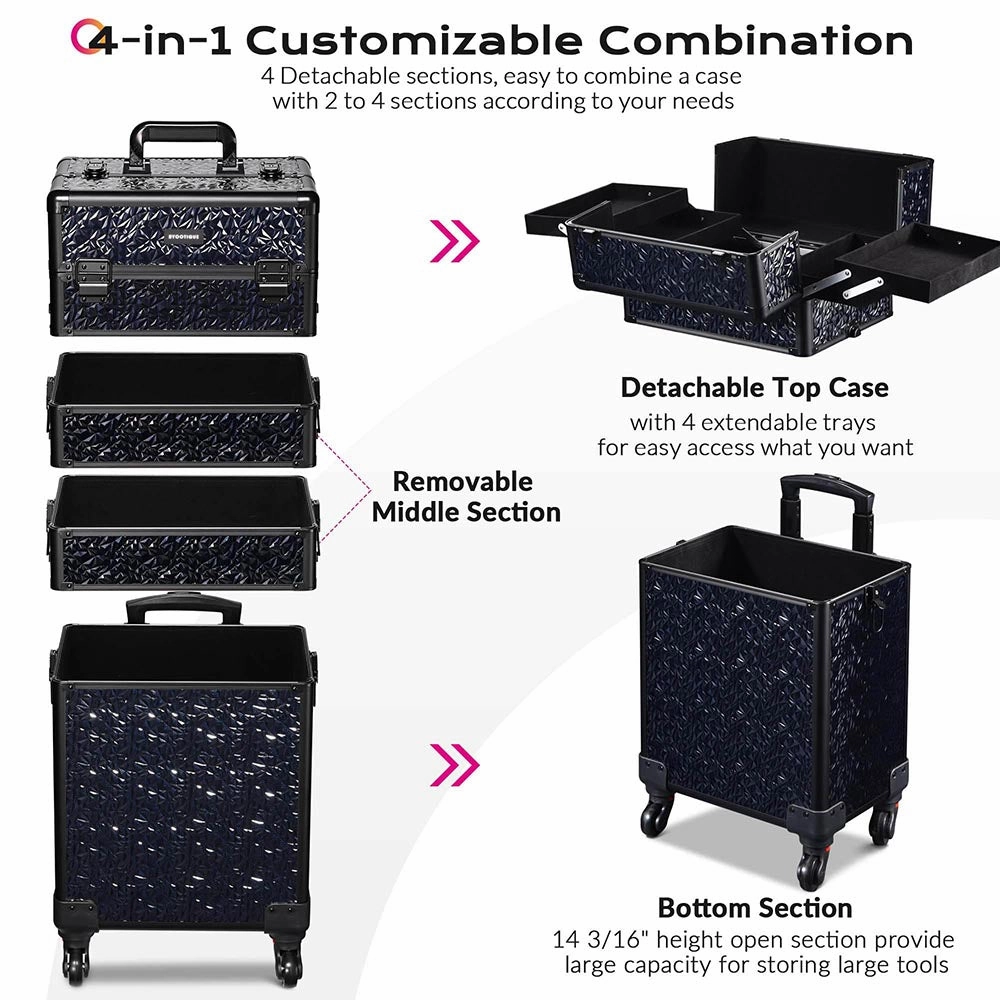 TheLAShop 4 in 1 Rolling Makeup Case on Wheels(4) Cosmetic Case Black