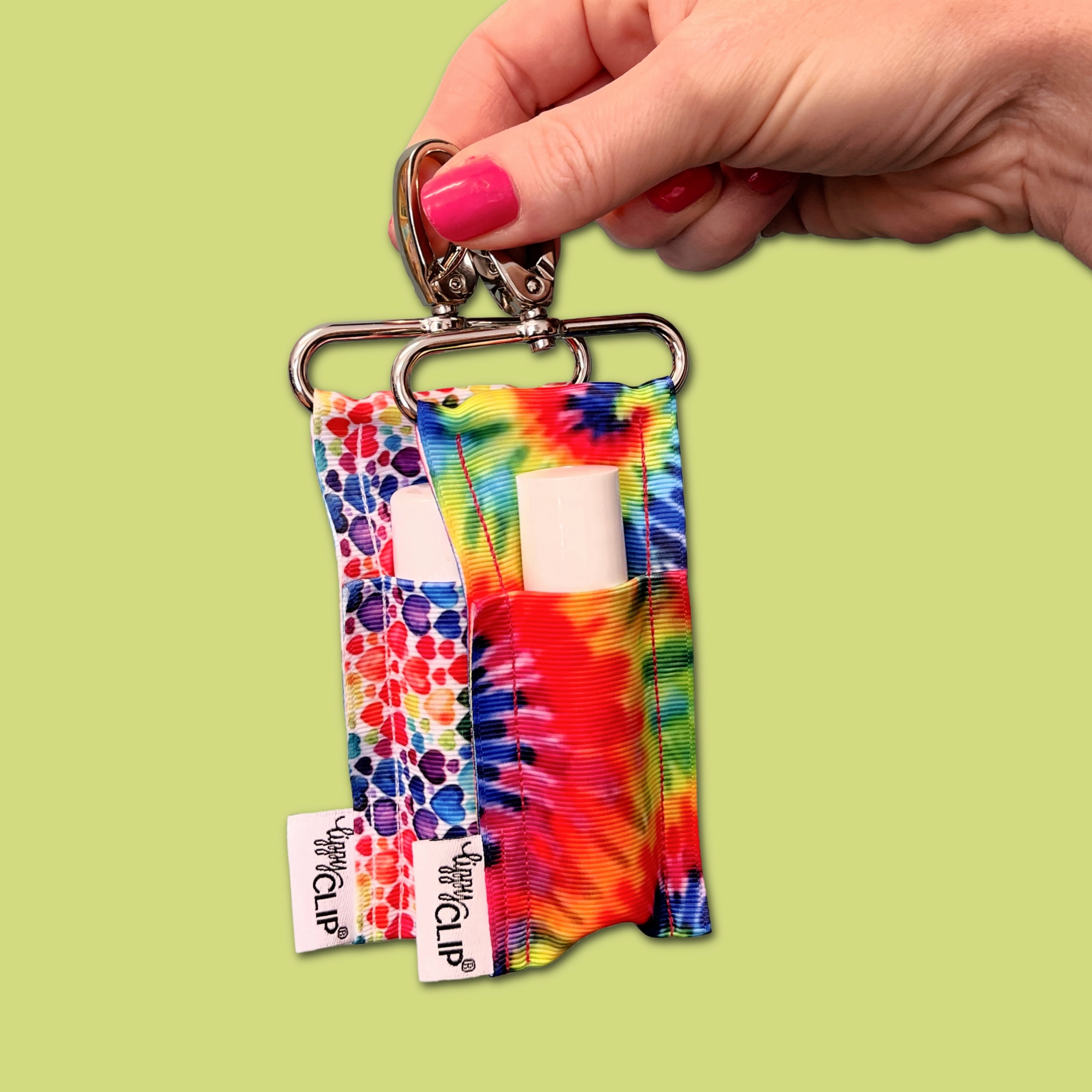 Tie Dye LippyClipKISS for larger lip balms, essential oil rollers, and more